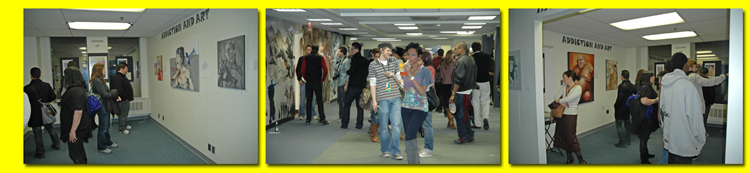 Images of art show gallery and visitors.